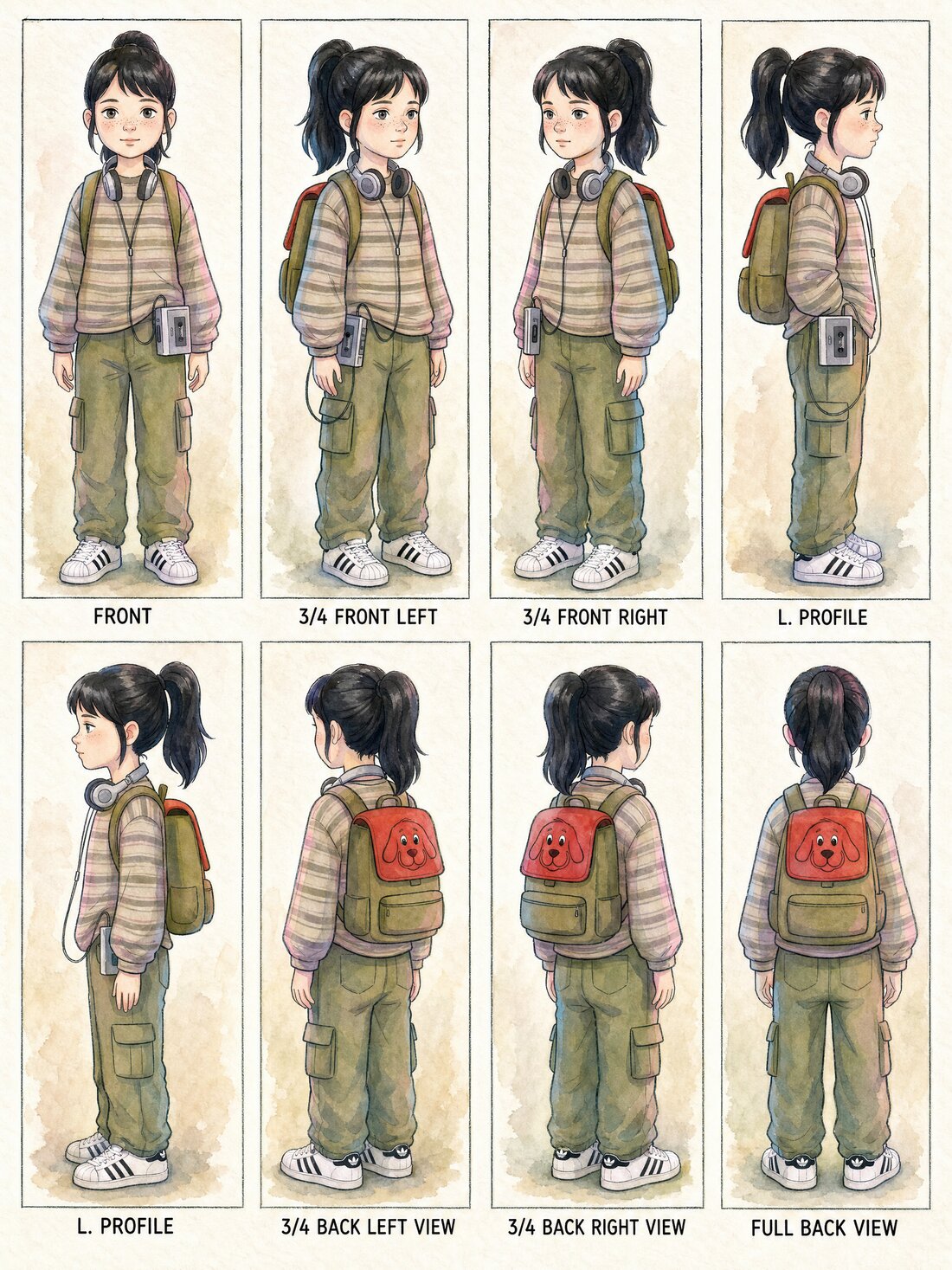 Locked character turnaround sheet, eight labeled views