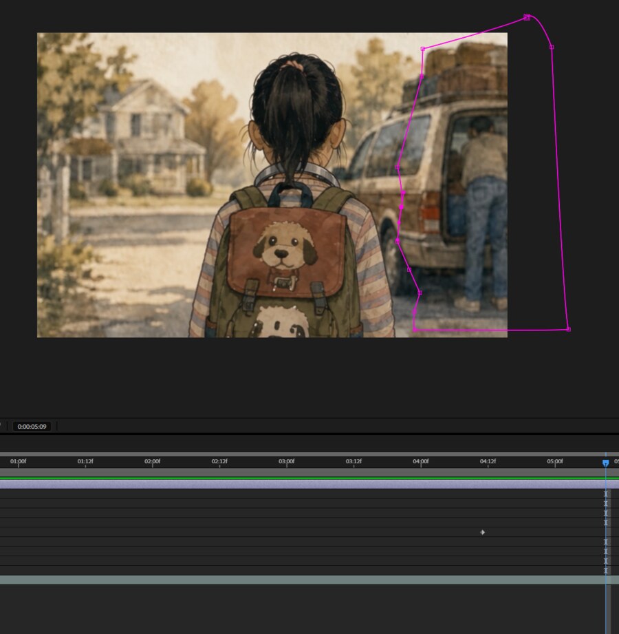 After Effects rotoscope mask isolating the father and car for the continuity fix